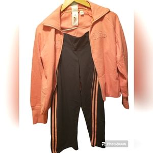 Adidas Womens Track Suite Salmon/Charcoal Gray w/Crop Pant & Fleece Jacket SizeM